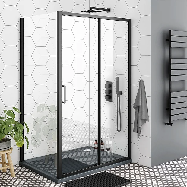 Toreno Matt Black 1200 X 900mm Sliding Door Shower Enclosure + Slate Effect Tray - Image 2