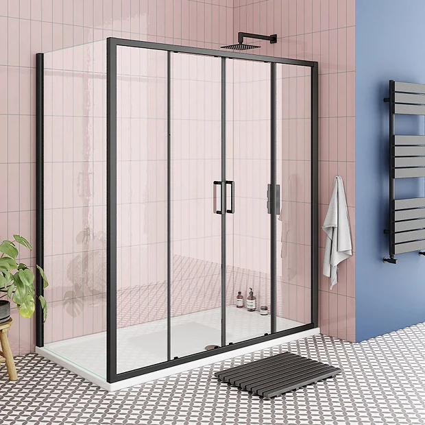 Toreno Matt Black 1400 X 800mm Double Sliding Door Shower Enclosure + Pearlstone Tray - Image 2