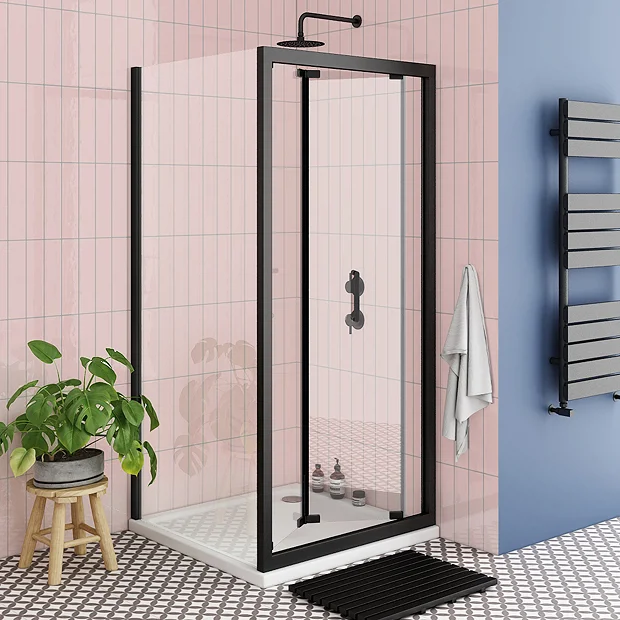 Toreno Matt Black 760 X 760mm Bi-Fold Door Shower Enclosure + Pearlstone Tray - Image 2