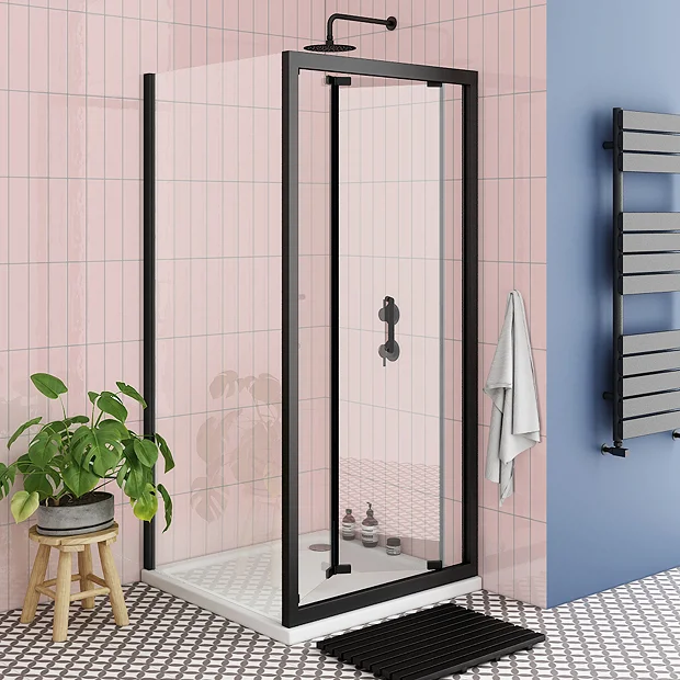 Toreno Matt Black 900 X 900mm Bi-Fold Door Shower Enclosure + Pearlstone Tray - Image 2
