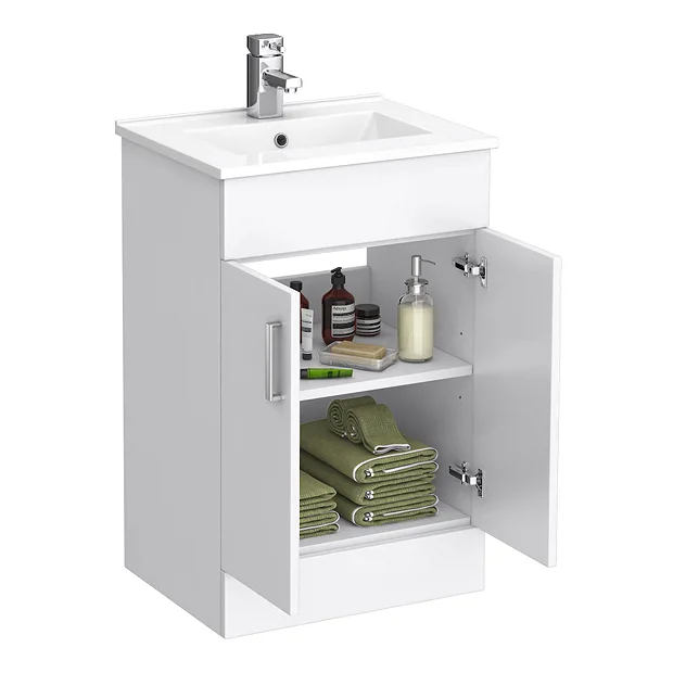 Toreno Small Vanity Sink With Cabinet - 500mm Modern High Gloss White - Image 3